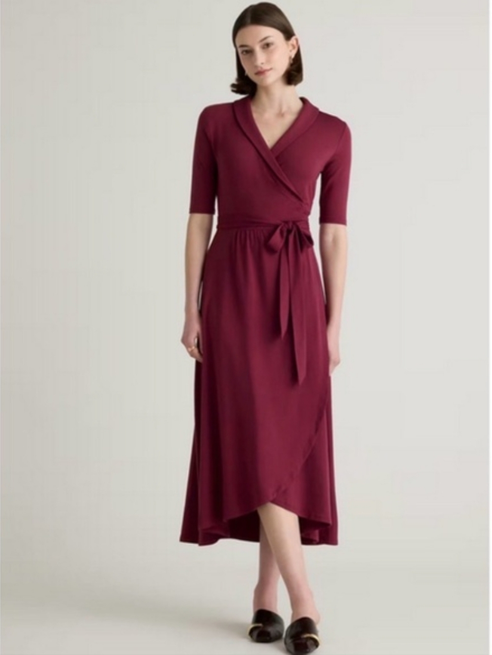 QUINCE Tencel Jersey Midi Wrap Dress Asymmetrical Hem Stretch Lyocell Wine M NWT - Picture 2 of 11